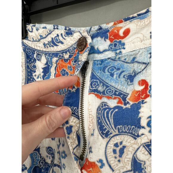90s Vintage Linen Pants Womens Medium Blue Paisley Cropped High Rise Bohemian - Picture 4 of 8